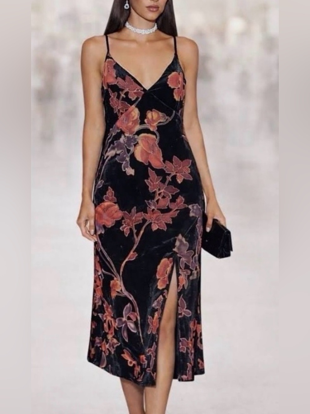 Rachel Zoe Black Floral Burnout Velvet Maxi Dress Spaghetti Strap Side Slit NWT